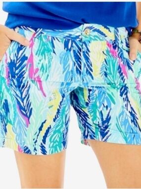Lilly Pulitzer Jayne Shorts Feather-Print— Teal, Pink, Blue